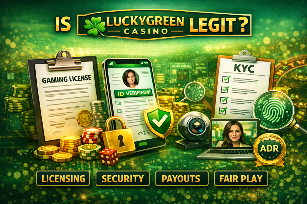 Is Lucky Green Casino Legit banner with green and gold casino theme showing gaming license document, ID verification on smartphone, KYC checklist, security shield, ADR badge, and fair play indicators.