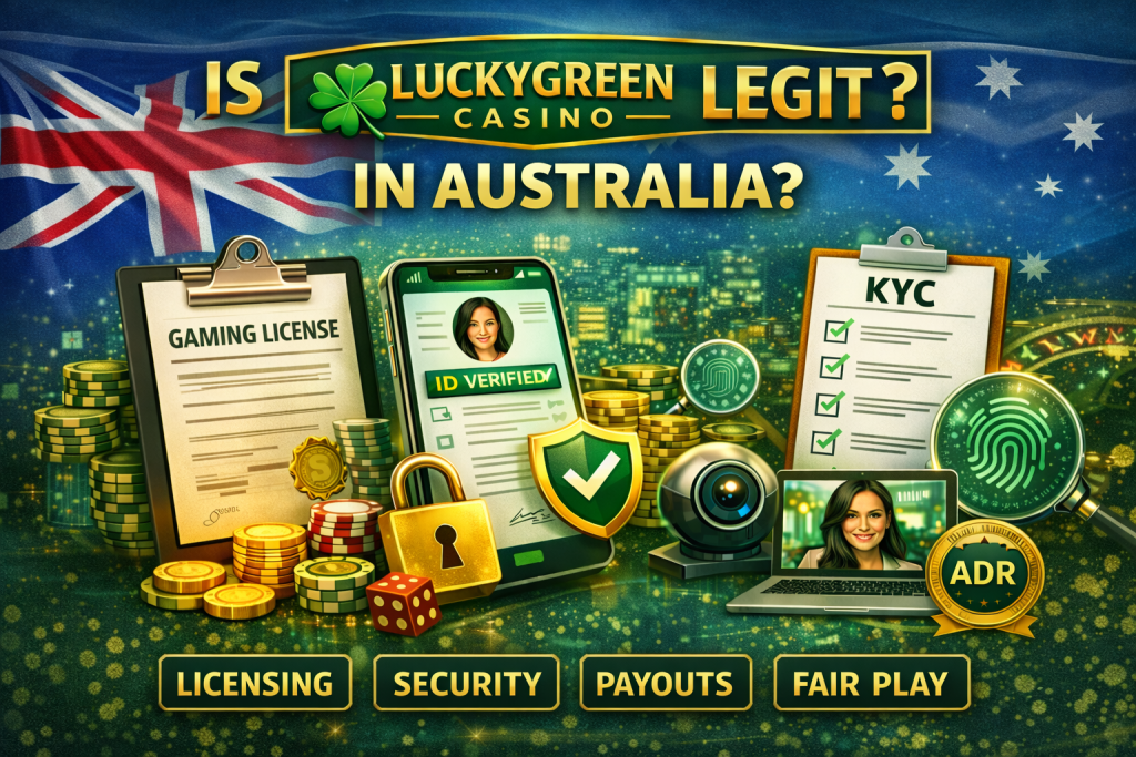 Is Lucky Green Casino Legit in Australia banner with Australian flag background, gaming license document, ID verification screen, KYC checklist, security shield, ADR badge, and symbols of fair play and payouts in green and gold design.