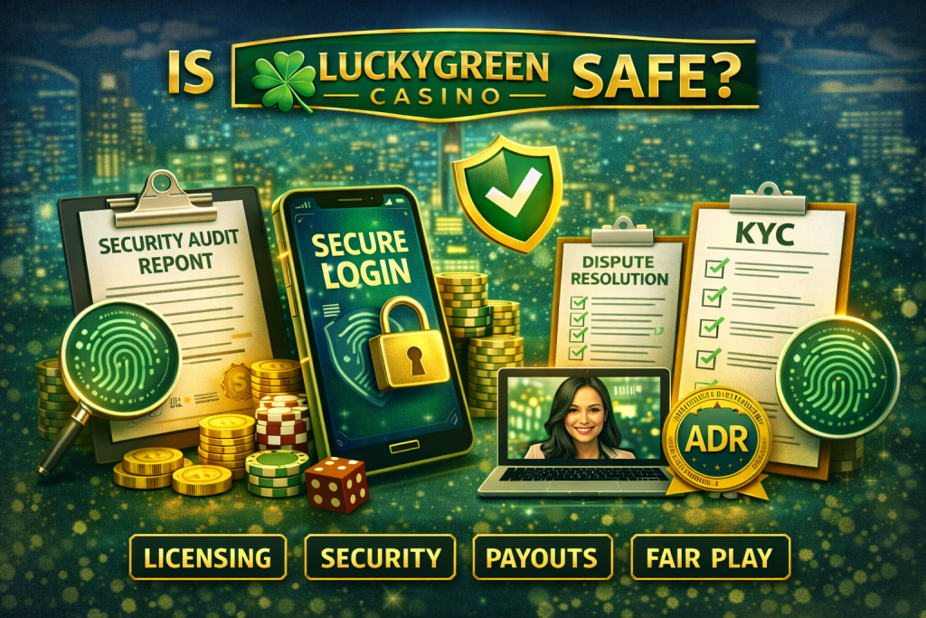 Is Lucky Green Casino Safe banner in green and gold theme featuring security shield, secure login smartphone screen, KYC checklist, ADR badge, licensing documents, and symbols of payouts and fair play.