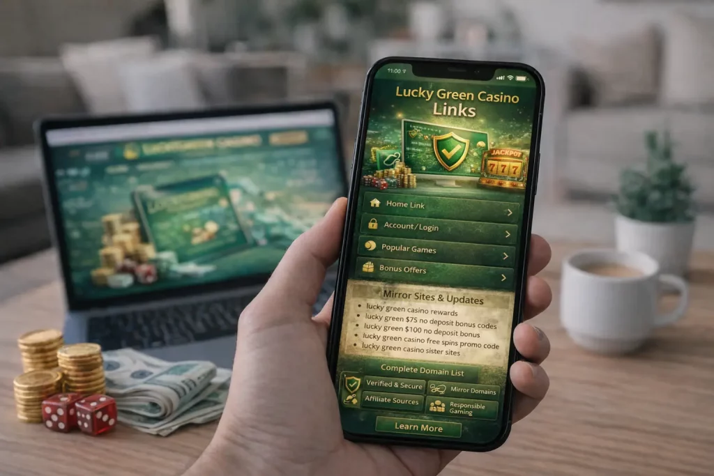 Lucky Green Casino Links page displayed on smartphone screen with official domain list, mirror sites, promotional links, security shield icon, and green-gold casino interface.