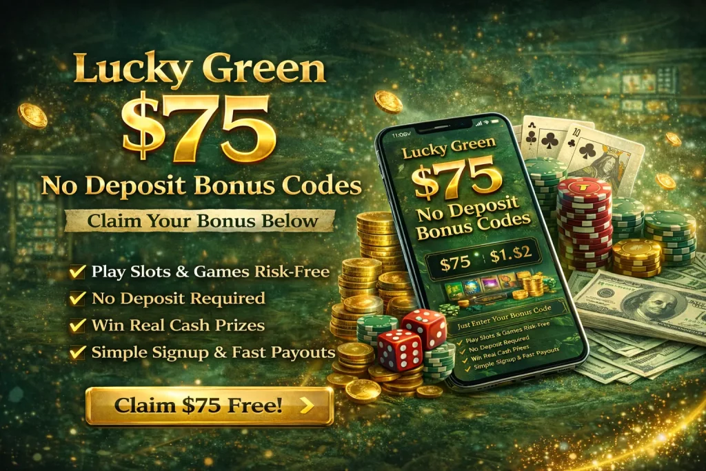 Lucky Green $75 No Deposit Bonus Codes horizontal banner featuring smartphone display, gold coins, casino chips, and promotional call-to-action in green and gold theme.