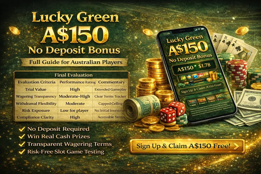 Lucky Green A$150 No Deposit Bonus banner featuring smartphone display, gold coins, casino chips, and promotional call-to-action in green and gold casino theme.