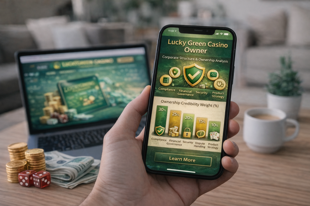 Lucky Green Casino Owner page banner showing corporate ownership analysis on smartphone screen with compliance, financial governance, security, and product strategy metrics in green and gold theme.