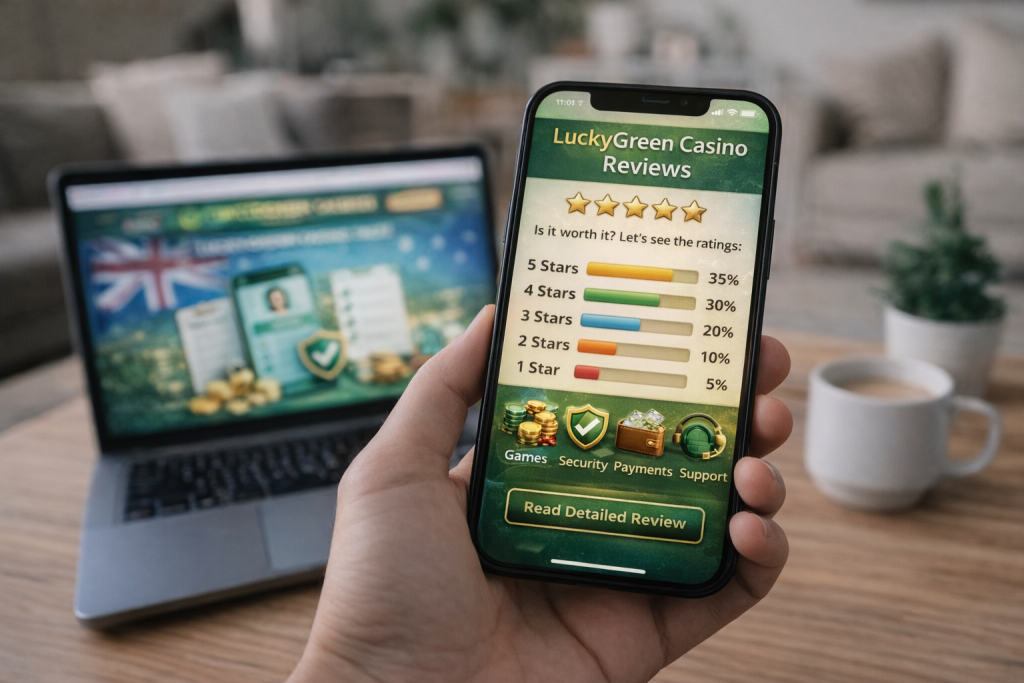 Lucky Green Casino Reviews banner showing a smartphone with star ratings, payout percentages, security icons, and review breakdown displayed in green and gold design.