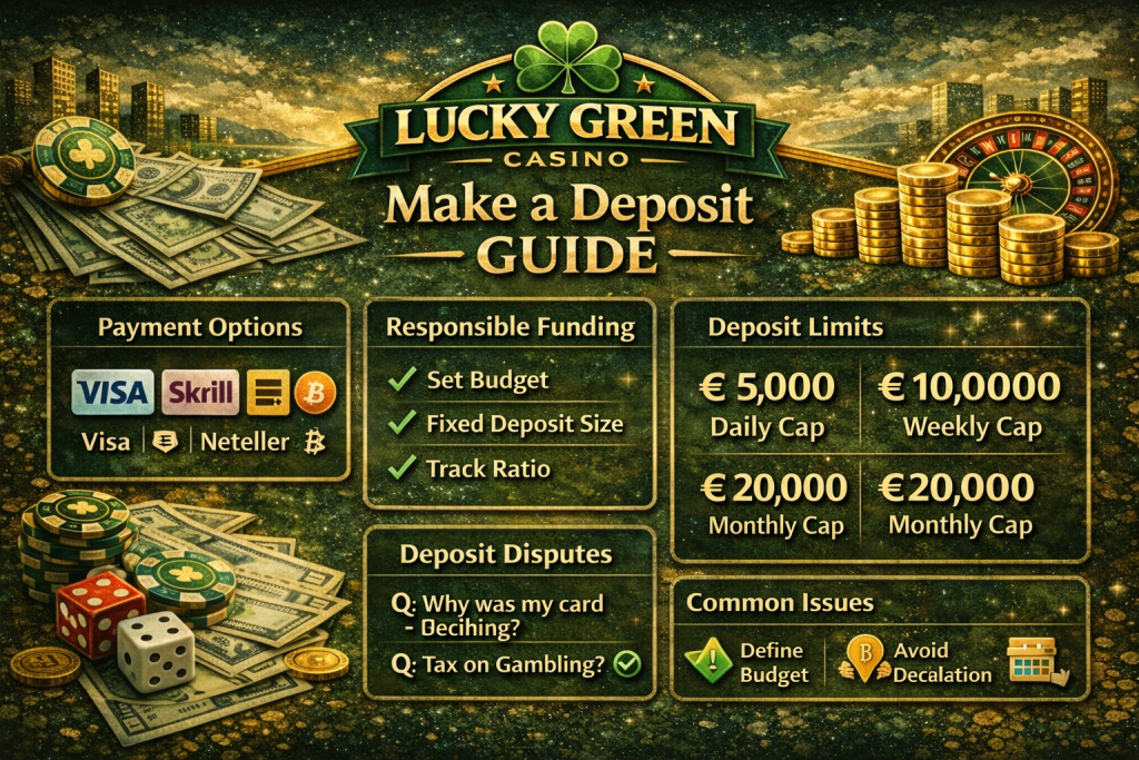 Lucky Green Casino Make a Deposit guide banner in green and gold design featuring payment options (Visa, Skrill, Neteller, Bitcoin), responsible funding tips, and deposit limits displayed in a balanced horizontal layout.
