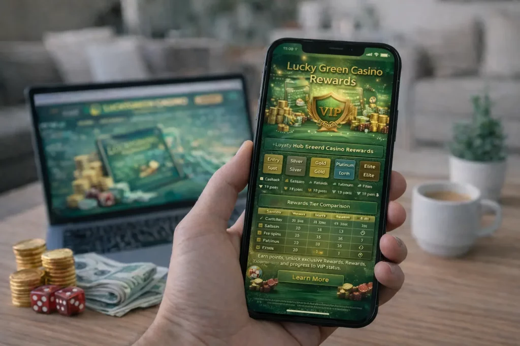 Lucky Green Casino Rewards page displayed on smartphone screen featuring VIP tiers, cashback percentages, free spins offers, and loyalty progression in green and gold design.