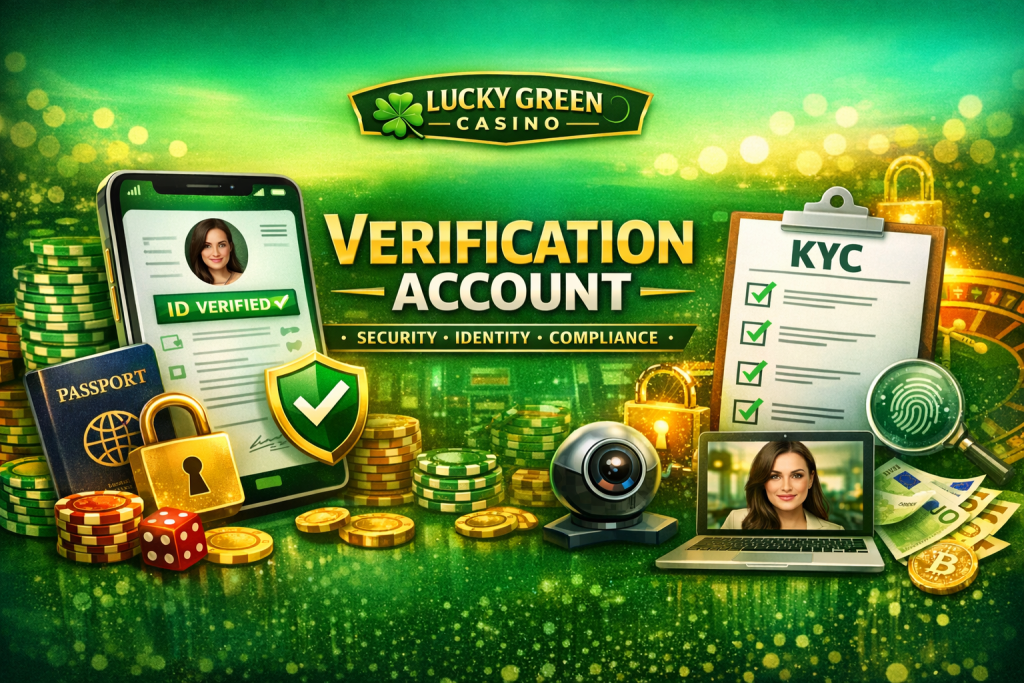 Lucky Green Casino Verification Account banner in green and gold design showing ID verification, KYC checklist, passport, security shield, and digital identity confirmation interface.