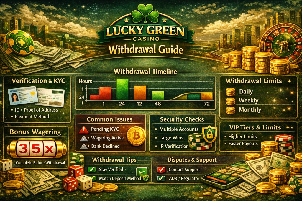 Lucky Green Casino Withdrawal Guide infographic in horizontal format with green and gold design, showing KYC verification, withdrawal methods, limits, VIP tiers, timeline chart, common issues, security checks, and payout tips.
